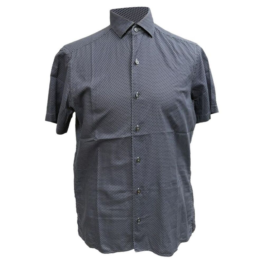Ermenegildo Zegna Printed Button-Down Short Sleeve Shirt in Navy Blue Cotton